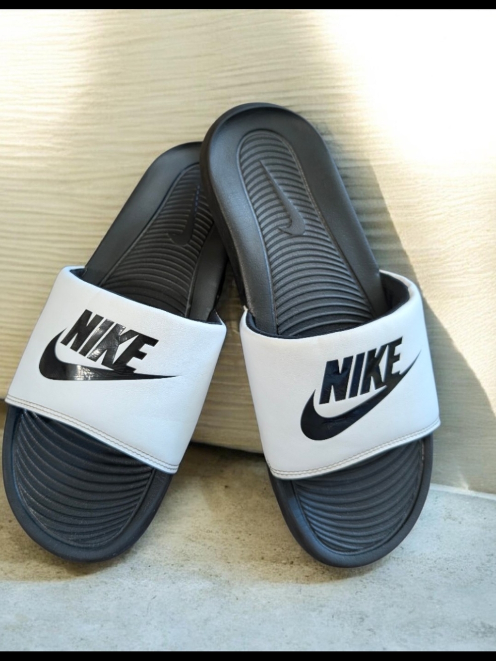 Nike White and Black Slide Sandals